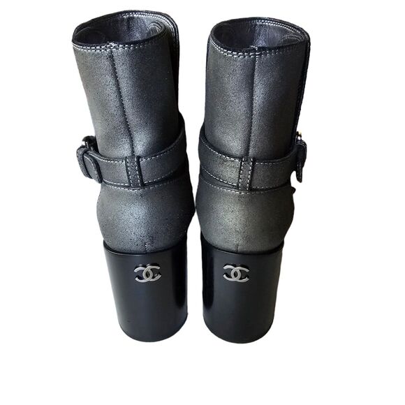 Chanel 22B CC Cap Toe Short Boot Size 39.5 8.5 9 Gray Suede Patent Black Leather - Picture 5 of 12